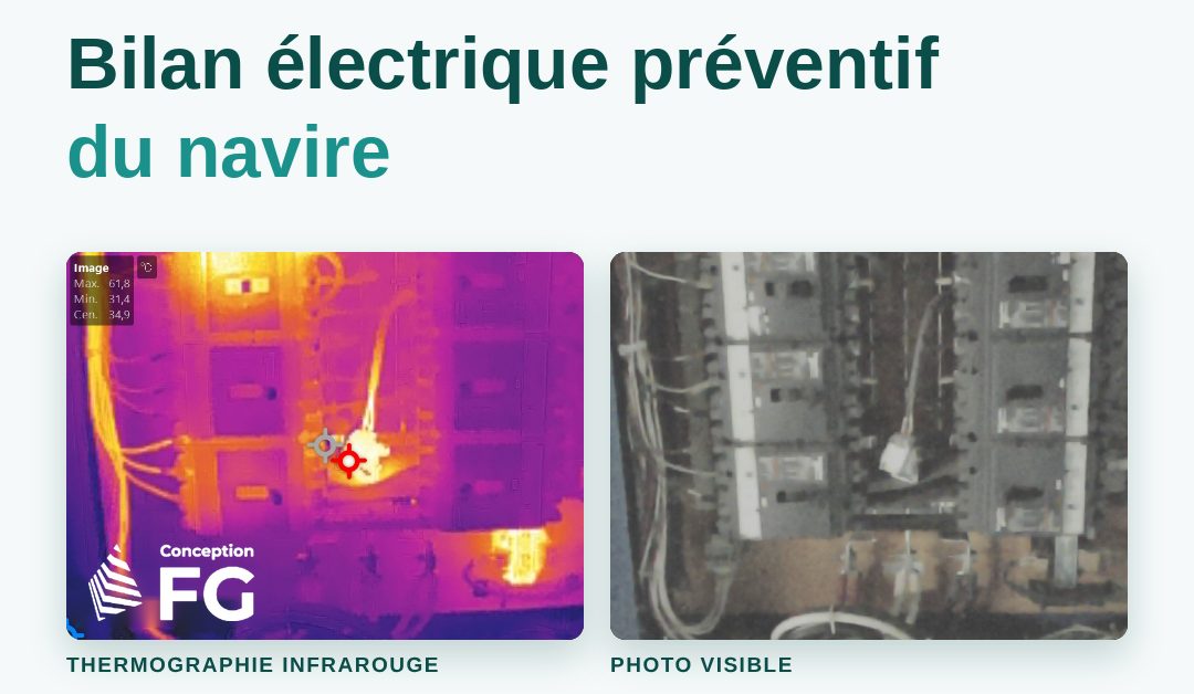 Image thermique d'un tableau électrique de navire montrant un point chaud, bilan préventif Conception FG